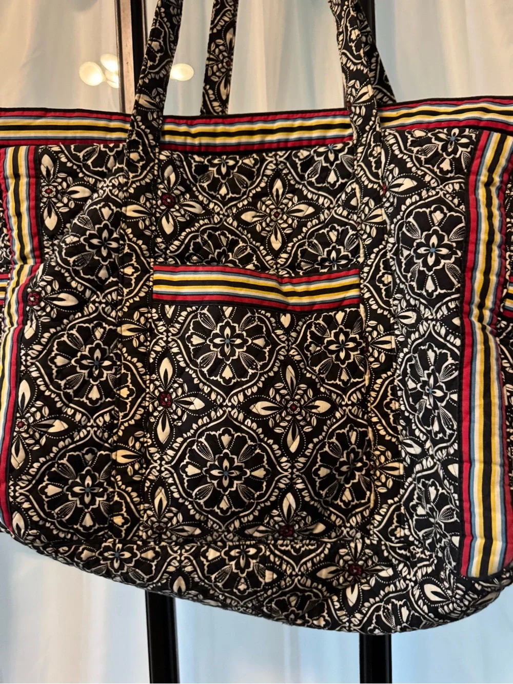 Vera Bradley XXL Quilted Black & White Floral Tote with Multicolor Stripe Accent